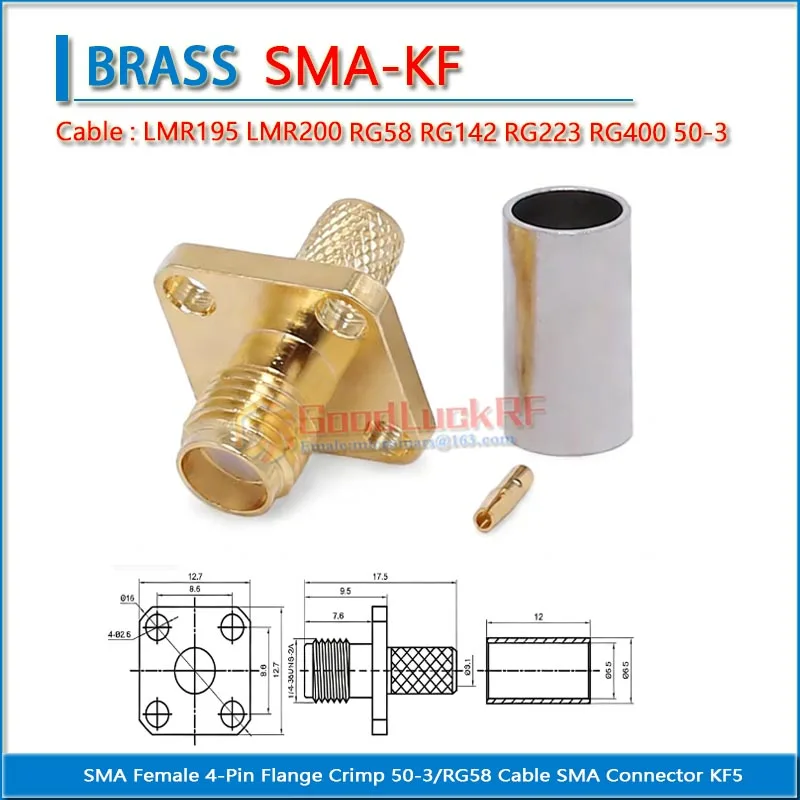 SMA Female 4  hole Flange Crimp Cable Connector 50-3/LMR195 LMR200 RG58 RG142 RG223 RG400 Compatible with KF5