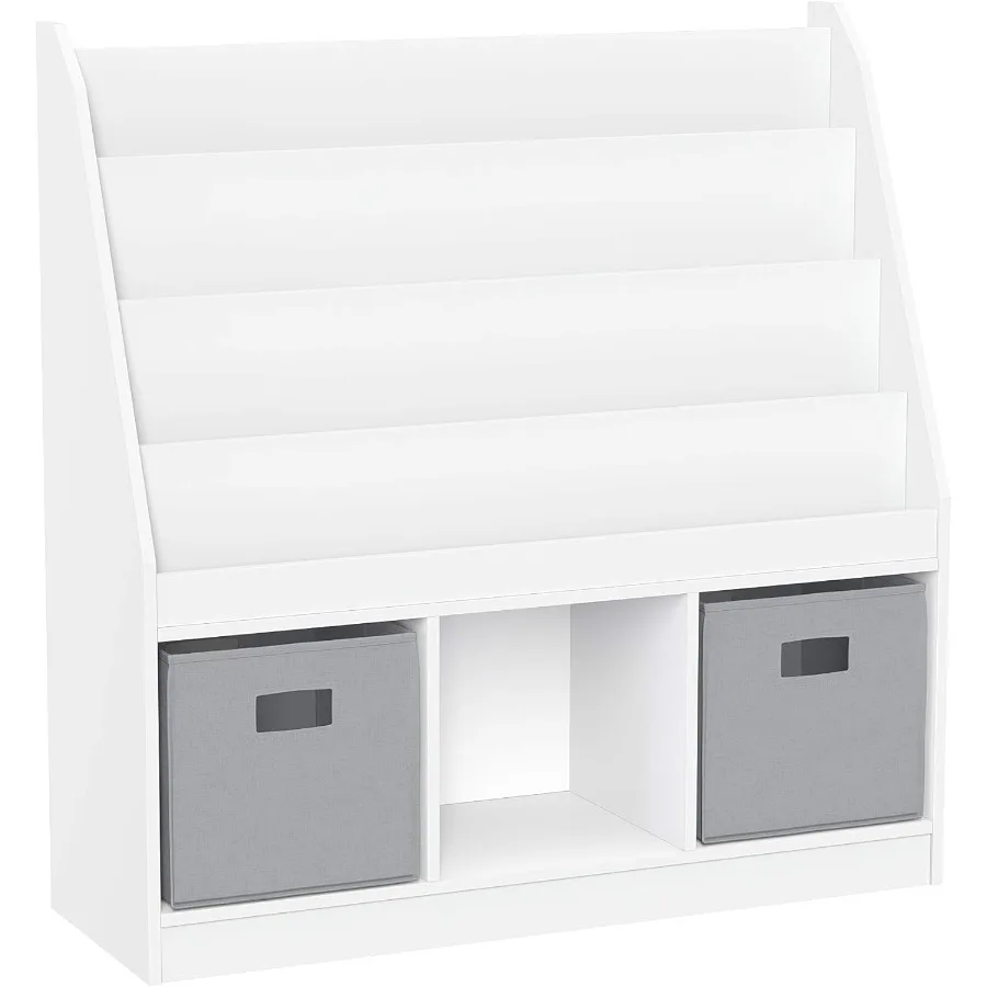 رف كتب مزود بثلاثة مكعبات وصناديق رمادية مثالية لتنظيم كتب الألعاب والإكسسوارات في غرف اللعب والفصول الدراسية أو السرير