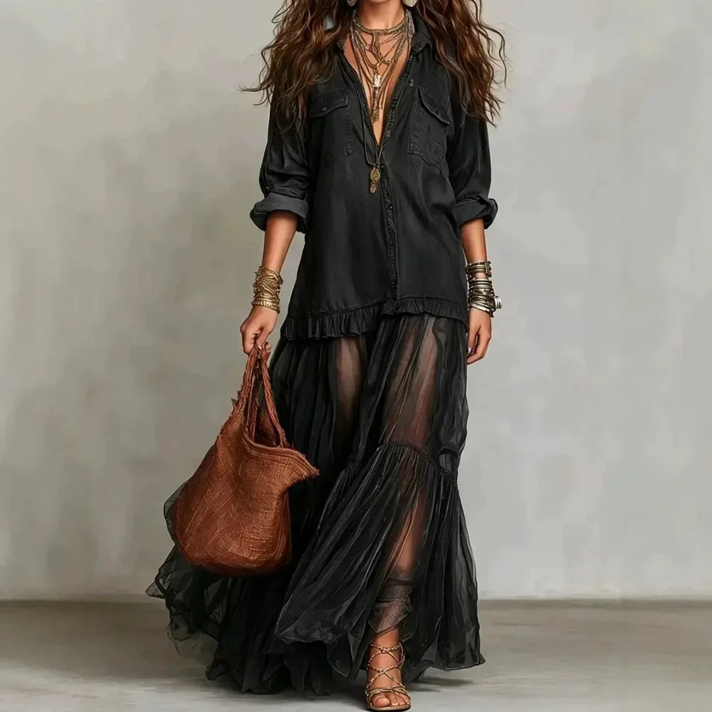 Vintage Retro Patchwork Denim Dress Women 2026 European American Style Casual Long