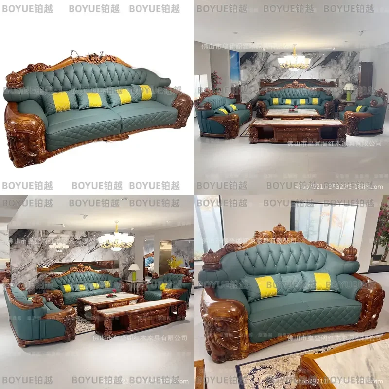 Luxury New Chinese Style Solid Ebony Wood Sofa Set Thickened Top Layer Genuine Leather Carved Elephant Crown Design for Villa