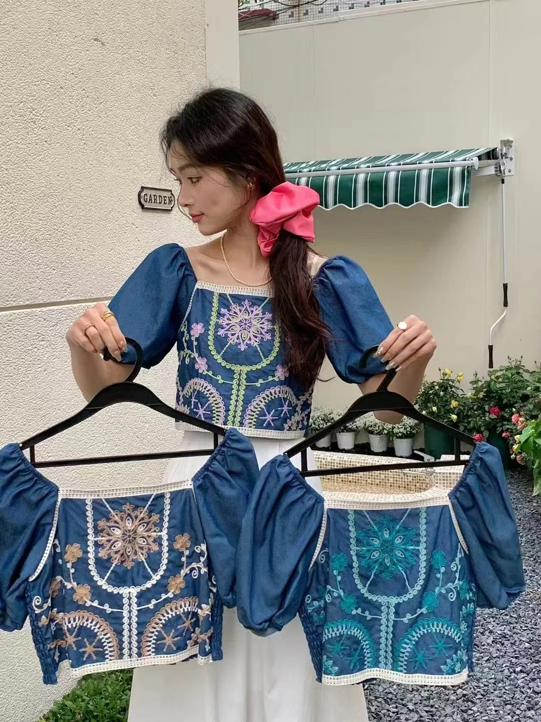 Square Neck Puff Sleeve Tops Women Embroidery Flower Smocked Back Lightweight Jean Blouse Spring Summer Fairycore Outfit