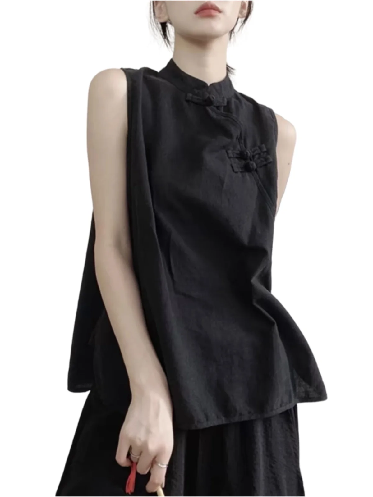 Verão novo sle retro algodão linho feminino artístico seda buttonl vela colete solto ajuste coreano sle irt