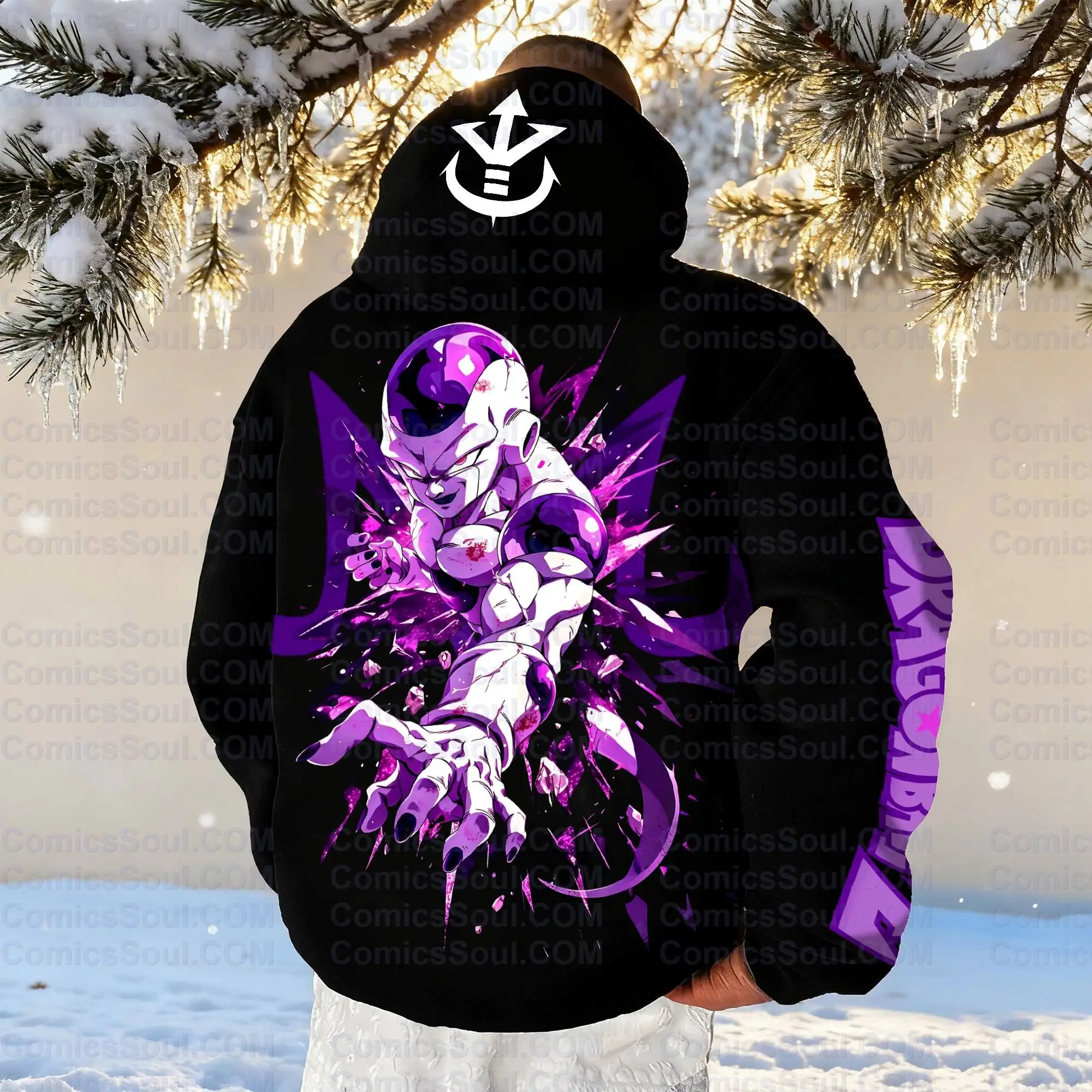 Dragon Ball Anime Frieza Conjunto de sudadera con capucha negra Estampado de espalda de energía púrpura Sudadera de algodón con diseño de armadura blanca con logotipo de letra M