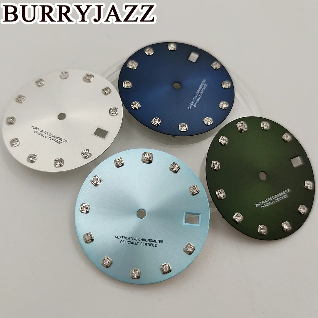 BURRYJAZZ 28.5mm No Logo NH35 Watch Dials Silver Gold Black Grey Brown Dial Green Luminous Fit 3 O'clock 3.8 O'clock Case Crown