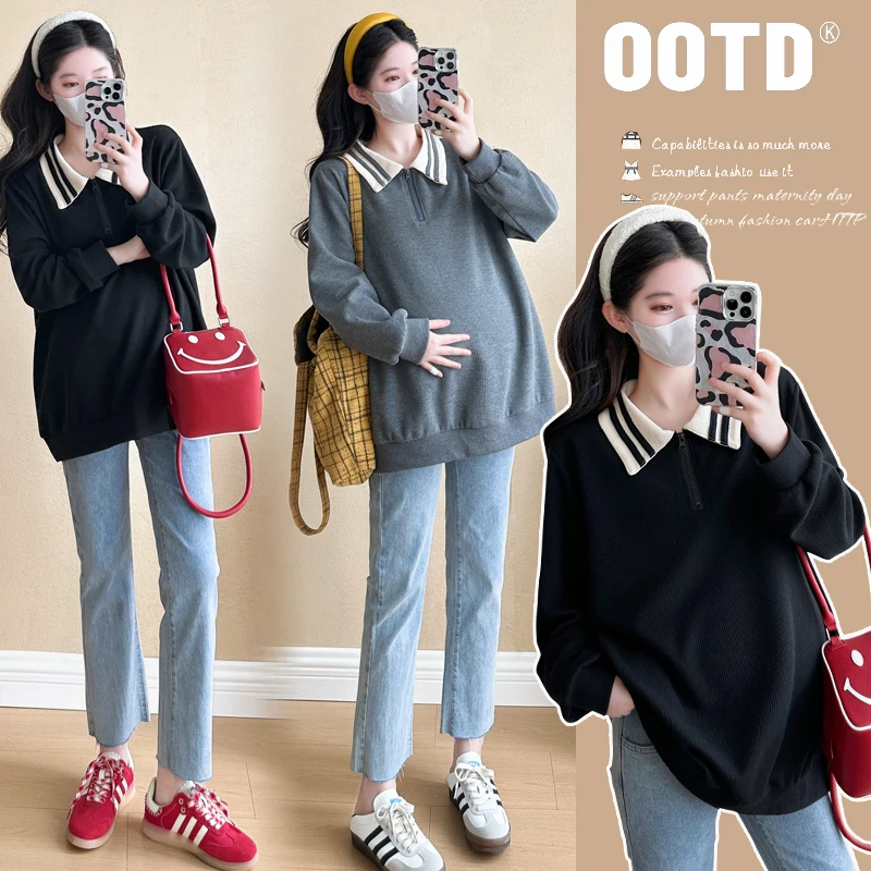 2024 Pregnant Women's New Autumn and Winter Casual Lapel Waffle Loose Casual Plus Size Hoodies High Quality Maternity Sweatshirt