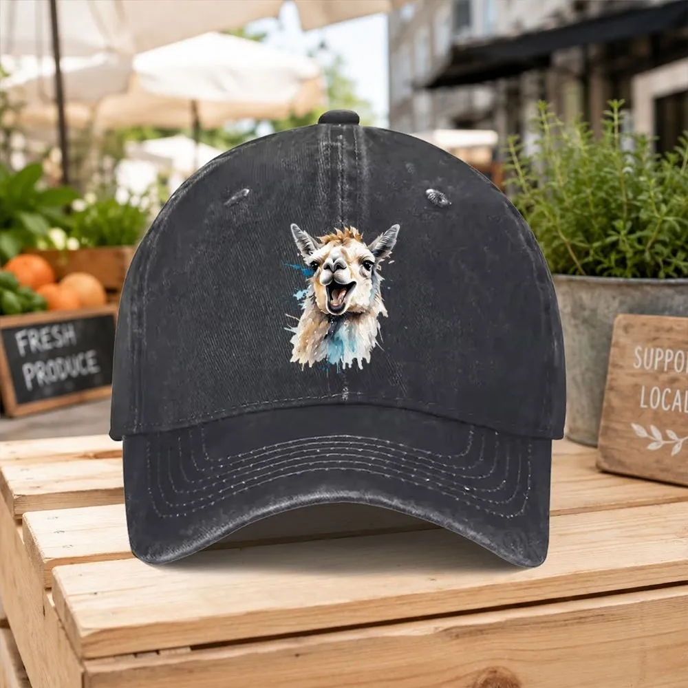 Watercolor Alpaca Print Washed Baseball Cap Unisex Adjustable Cotton Cap for Outdoor Daily Wear