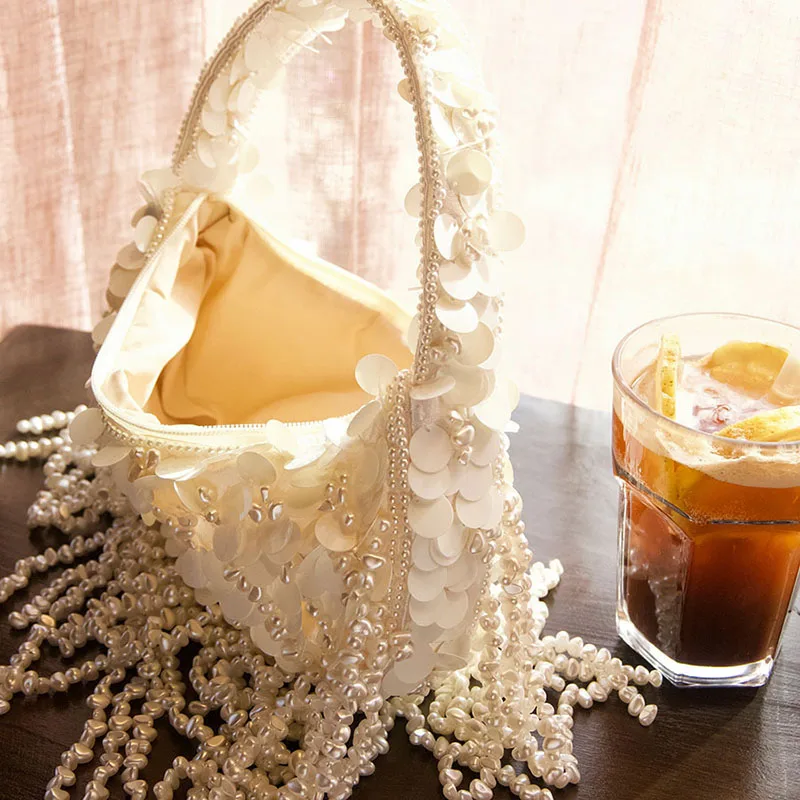 Luxury Pearls Tassel Evening Bags for Women Handbags Elegant Sequined Shoulder Bag Handmade Beading Wedding Clutch Ladies Purses