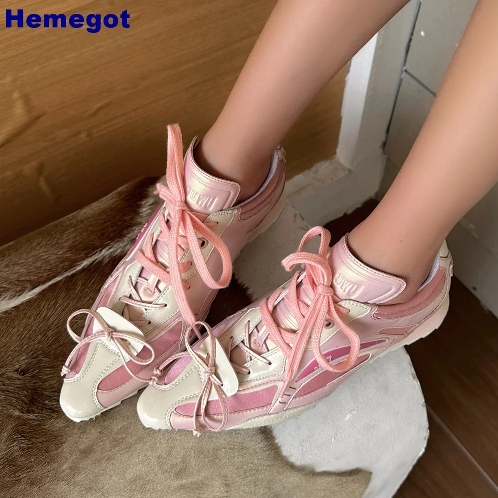 

Genuine Leather Mixed Color Sneakers Summer Butterfly Knot Street Cross Straps Pumps Stitching Mesh Fashion Women's Casual Shoes