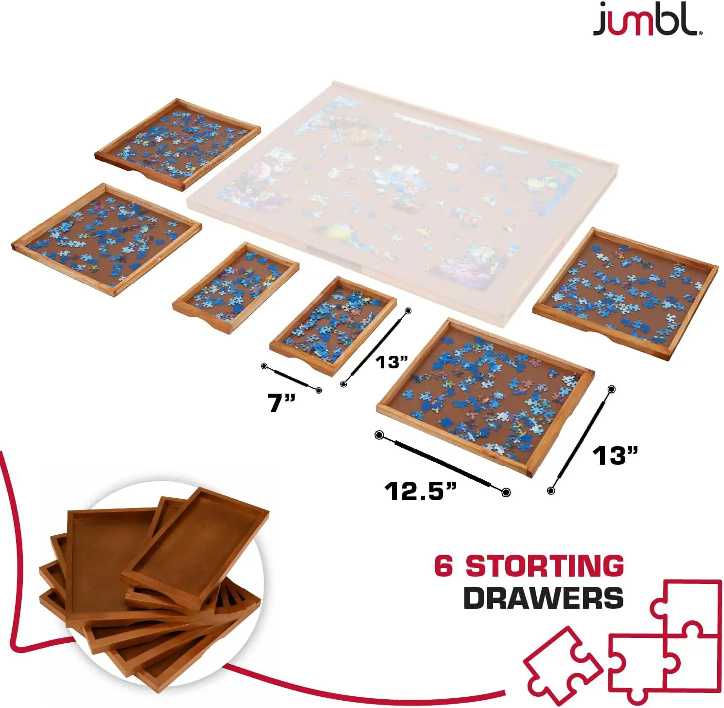 Planche de puzzle de 1500 pièces |   Table de puzzle 27" x 35" |   6 tiroirs de tri magnétiques amovibles |   Travaux en panneaux de fibres lisses