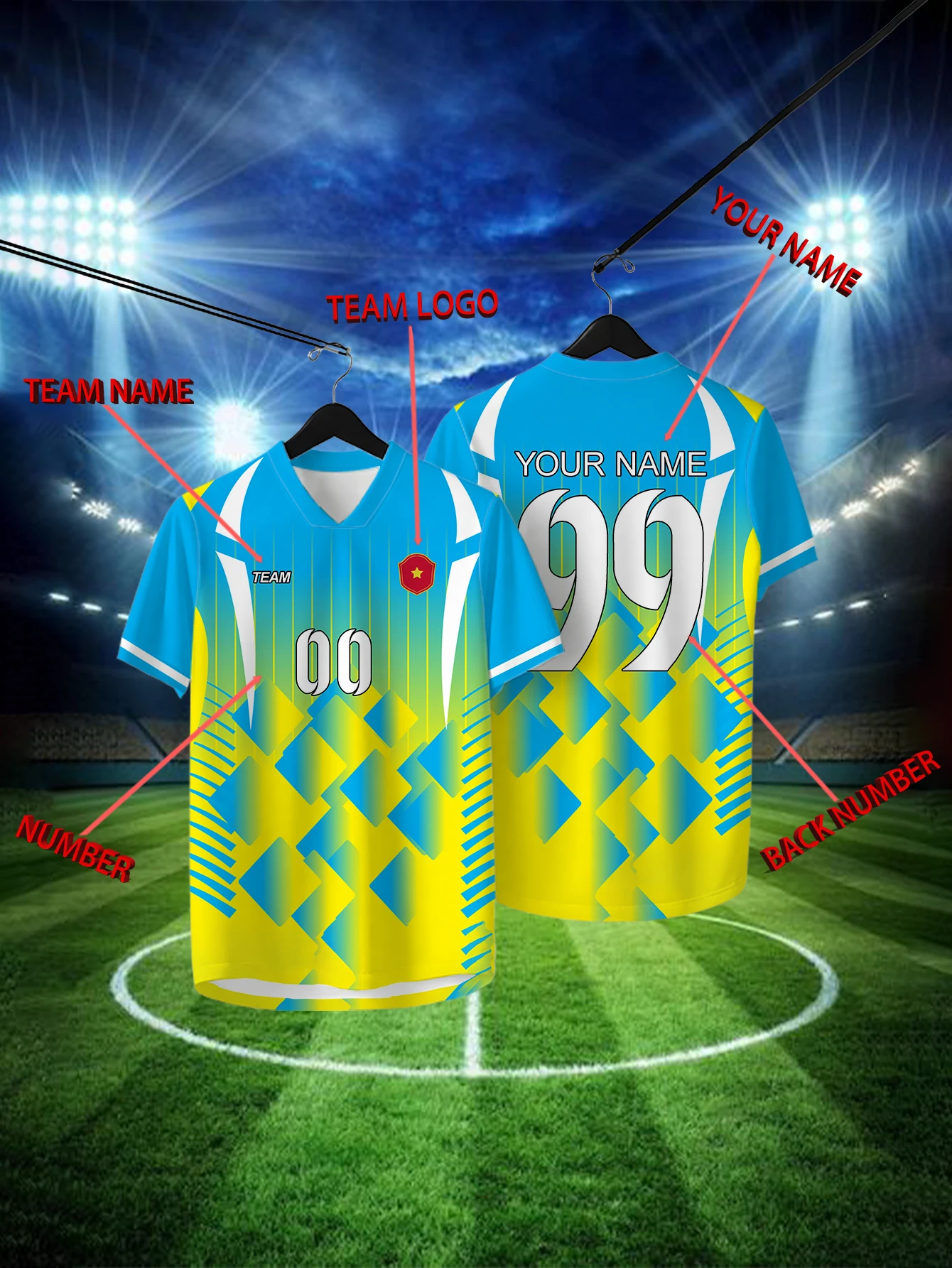 

Customized Geometric Blue Short Sleeved Shirt with Team Name, Emblem, Name and Number, Outdoor Sports Short Sleeved T-shirt