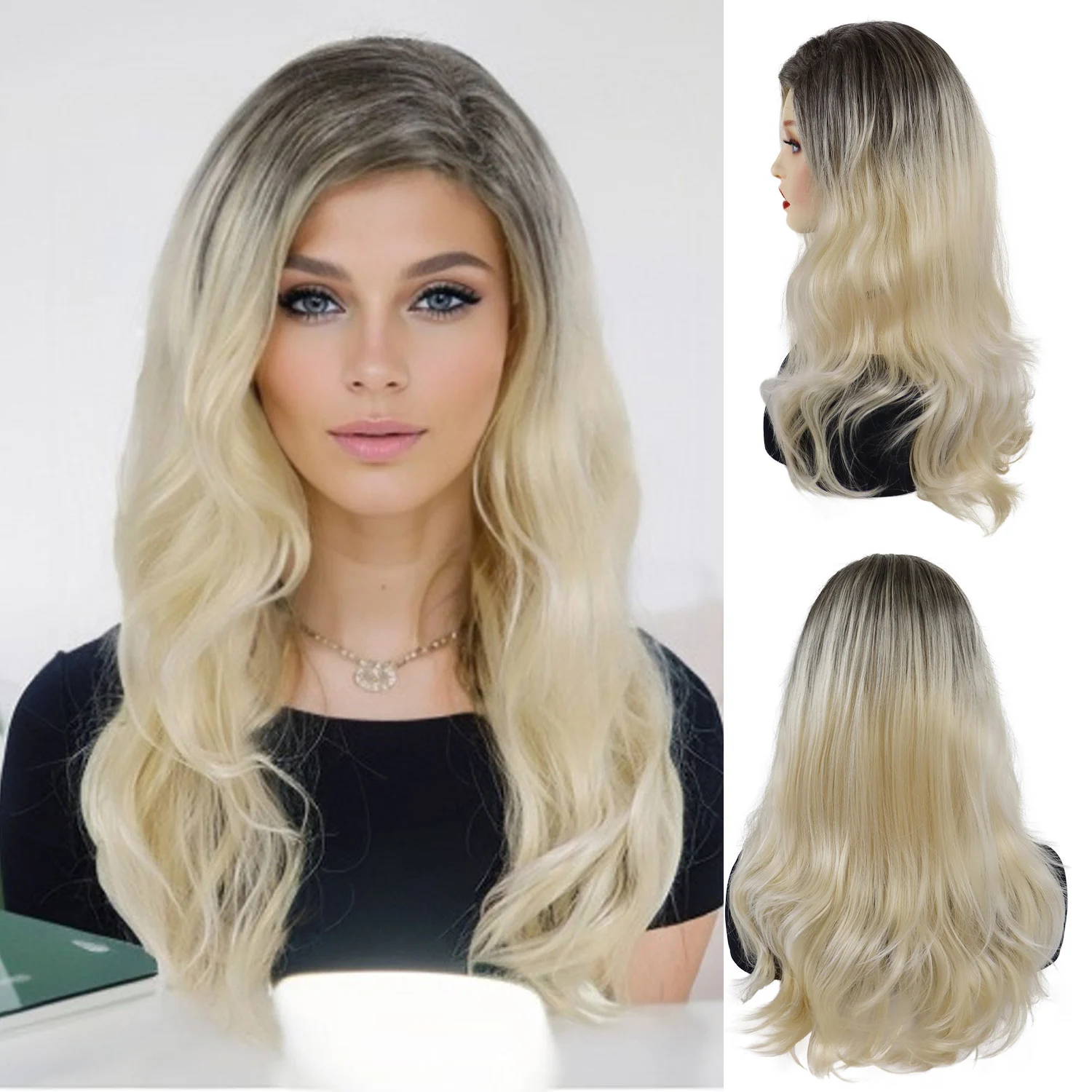 

Synthetic Hair 20 Inch Long Ombre Blonde Wig Natural Wavy Curly Wigs for Women Lady Side Part Daily Costume Party Heat Resistant