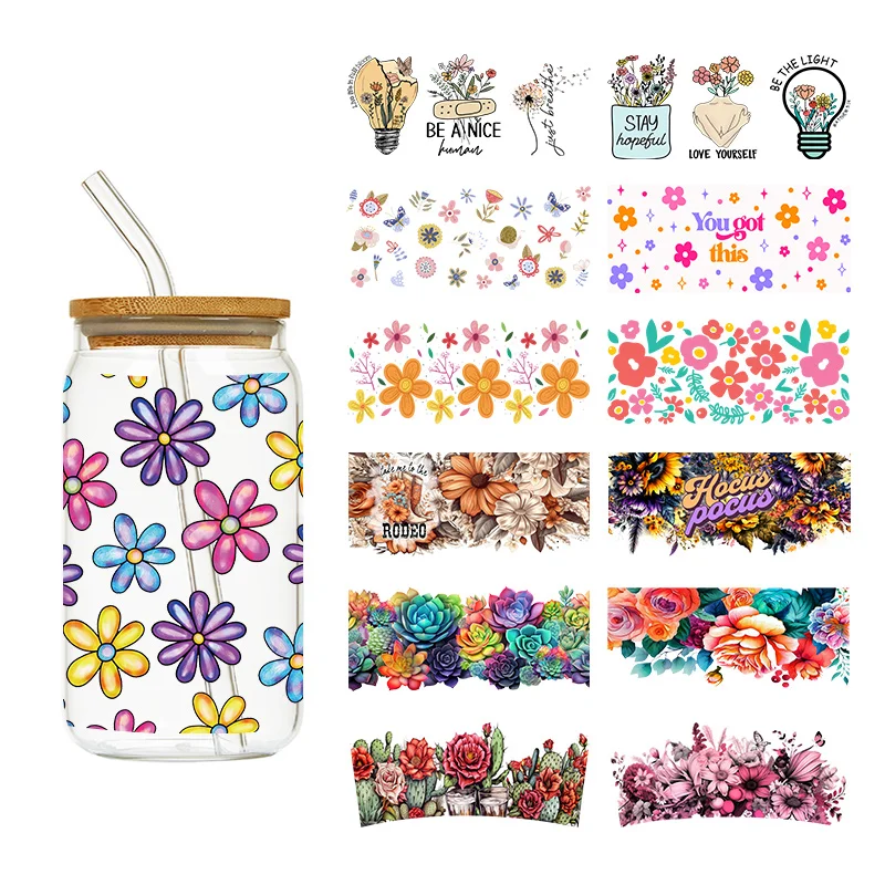 LETOP 1PCS Colorful Flower Custom Sticker Label Dtf Uv Glass Uvdtf Wraps Waterproof UV DTF Cup Wrap Transfers Transfer Printing