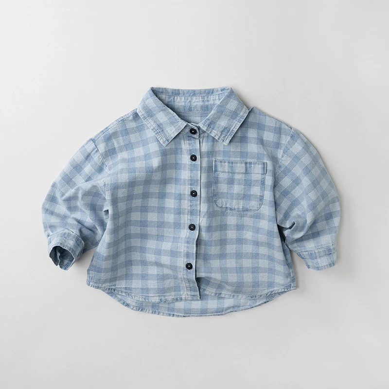 

Baby Boys Blue Plaid Shirt Spring New Long Sleeve Turn Down Collar Casual Shirt Korean Style Versatile Boy's Top Shirt