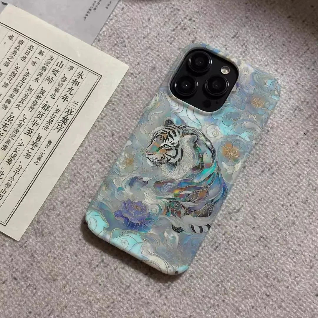 Chinese-style Tiger in Mist & Floral Pattern Mysterious Vibe Phone Case for iPhone 16 15 14 11 12 13 Pro Max Plus Back Cover