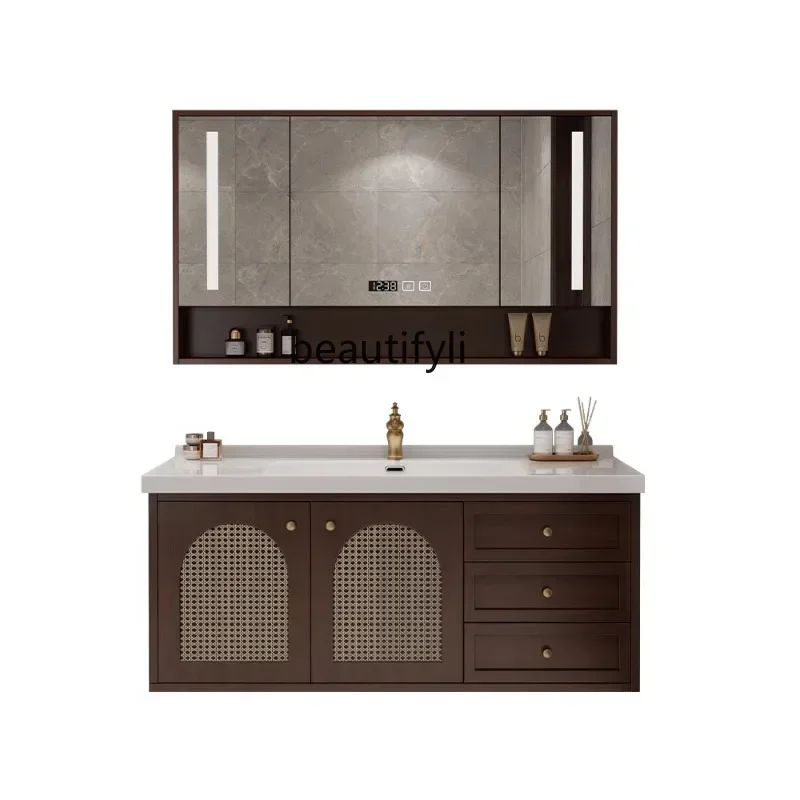 

New Chinese style solid wood rattan bathroom cabinet combination bathroom washbasin, washbasin, sink for hand washing, ceramic i