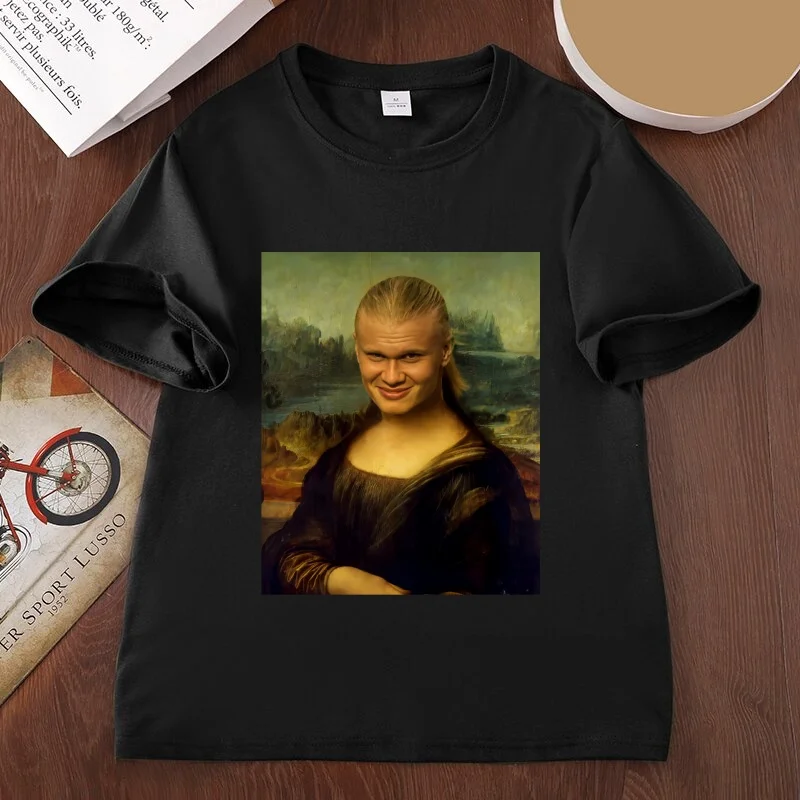 Funny Erling Haaland Mona Lisa Meme T-Shirt Men Women Printed Cotton Short Sleeve Graphic Tee Round Neck Tees Clothing