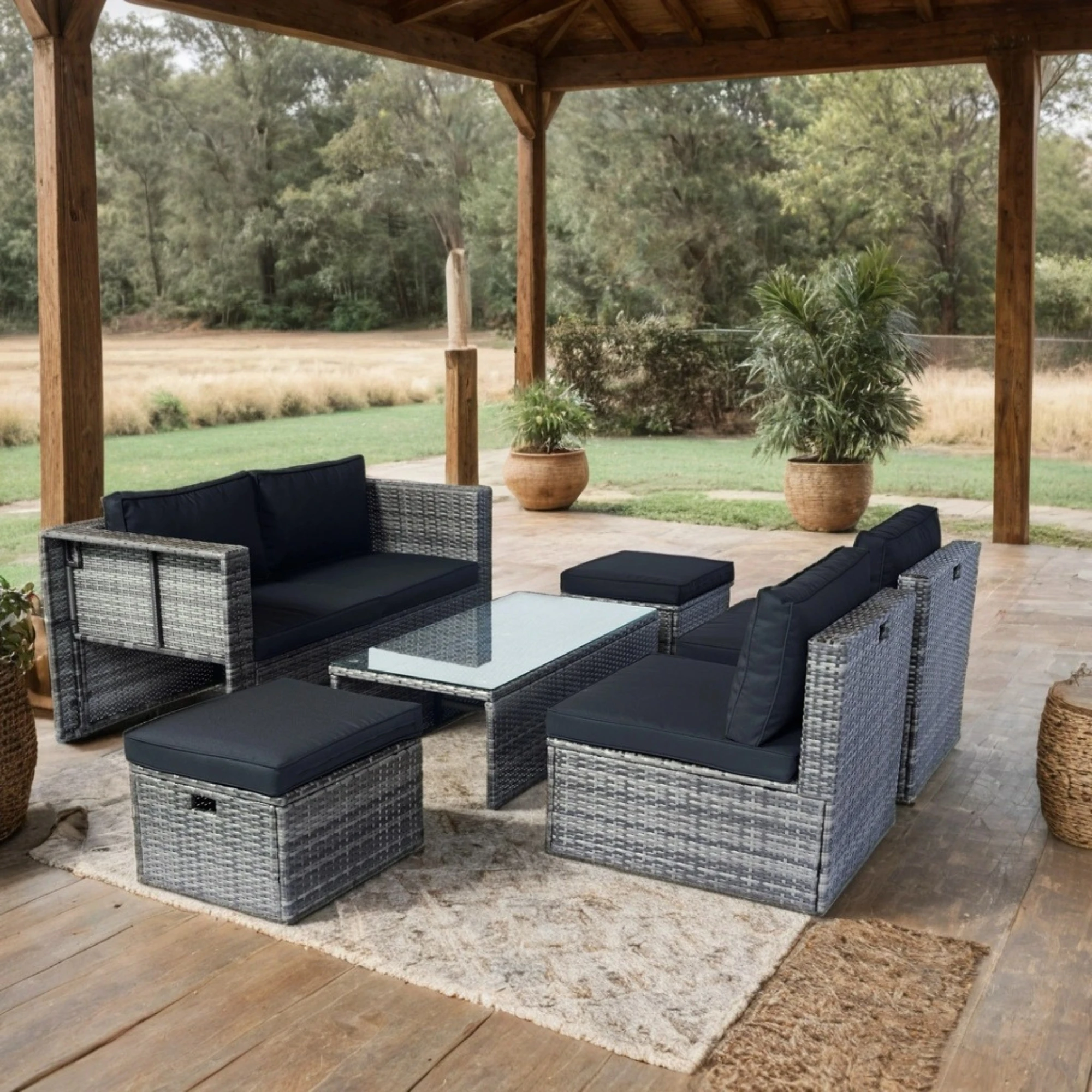 

6pc Patio Sectional Set: PE Wicker Grey/Black | Space Saving Modular Conversation Set for Backyard, Garden, Balcony