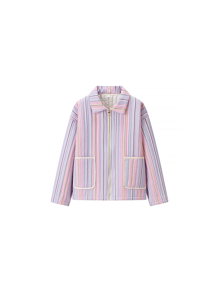 

European and American style autumn new fashion women's clothing striped print lapel long sleeve loose pocket cotton jacket coat