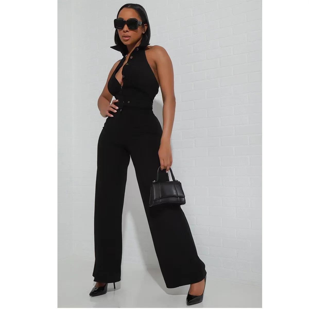 Elegant Women's Jumpsuits Belt Commuting Summer High Waist Wide Leg Button V-neck Sleeveless Casual Fashion Sexy Solid Color Bod