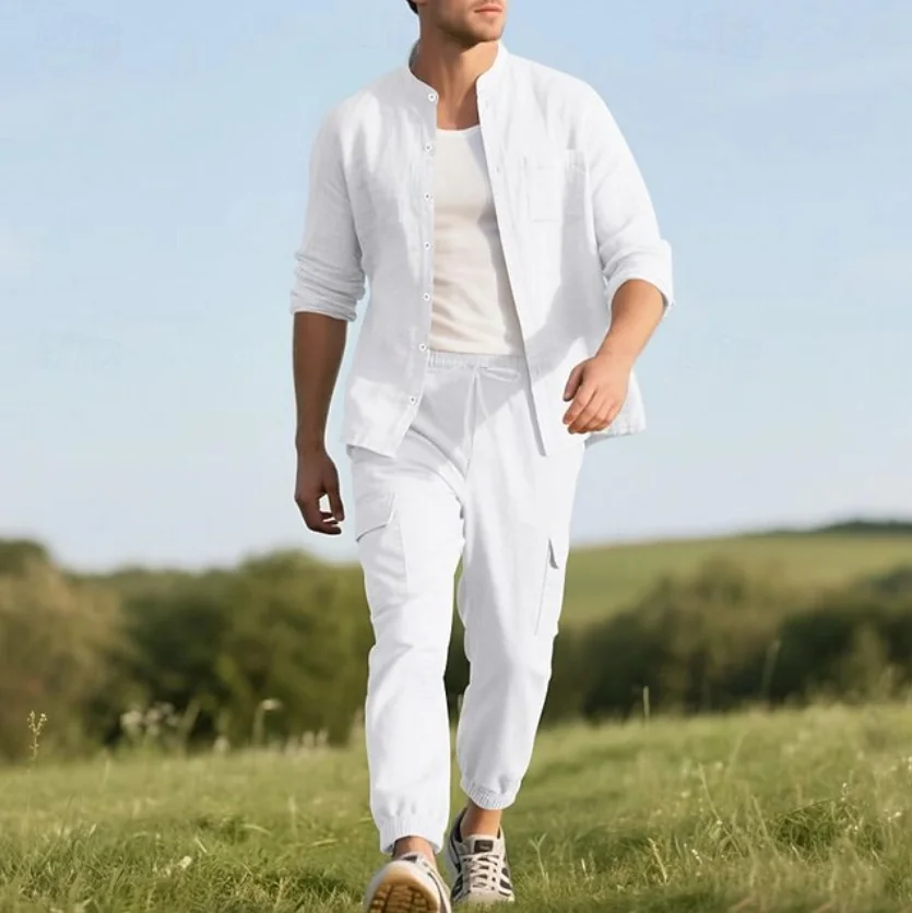 Men's Cotton Linen Summer Suit Lightweight Breathable Casual Two Piece Set Comfortable Outdoor Wear