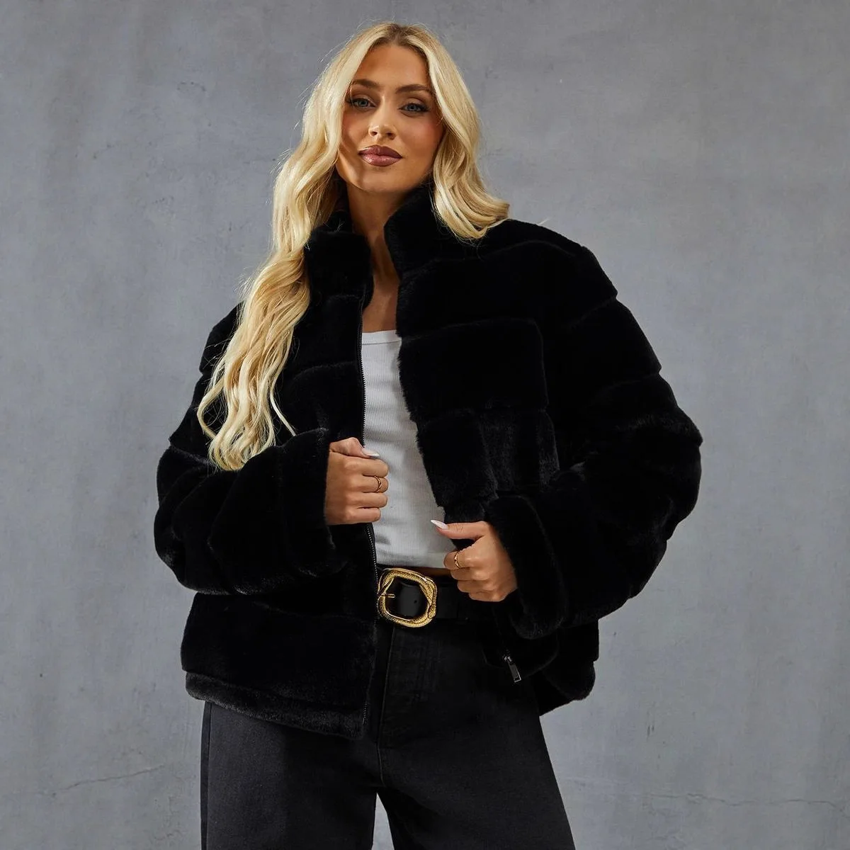 Women Faux Fox Fur Coat Short Jacket Solid Check Turn Down Collar Zipper Fly Loose Thick Office Lady Casual 2025 Autumn Winter