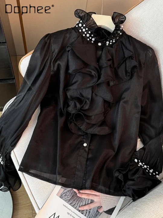 

French Style High-End Pearl Stand Collar Bell Sleeve Shirt for Women Autumn 2025 Fashionable Elegant Single-Breasted Top Trendy