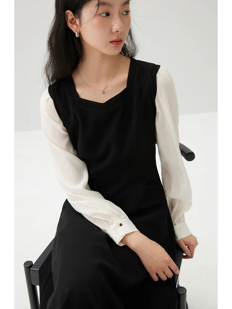 ZIQIAO Square Neck Temperament Long Sleeve Spring Dresses Black White Patchwork Waffle Extured Fabric Long Dress 24ZQ91203