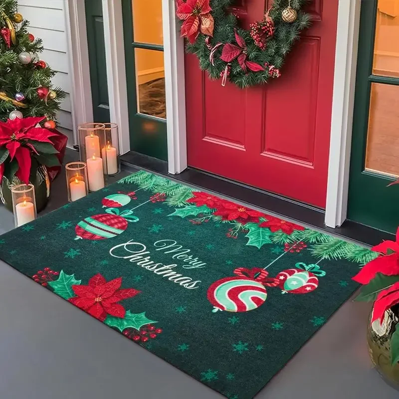 VIKAMA Christmas Crystal Velvet Door Mat Poinsettia Holly Pine Bauble Print Non Slip Mat For Front Door Porch Entry Xmas Decor