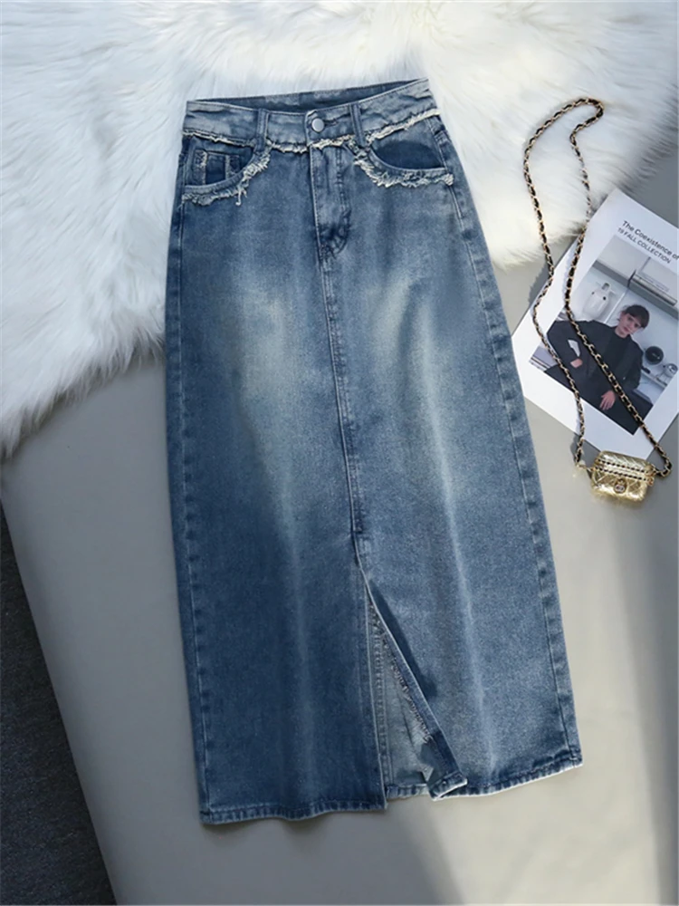 

High Waist Classic Denim Women's Long Skirts 2023 New Spring Summer Button Front Split Chic Jeans Wrap A-Line Skirts Female