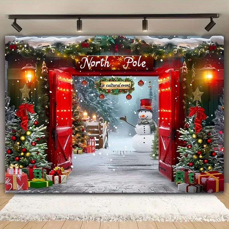 Frohe Weihnachten Polyester-Hintergrundstoff – Schneemann, Baum und rotes Bogen-Design: Geeignet für Wohnzimmer- und Außendekoration