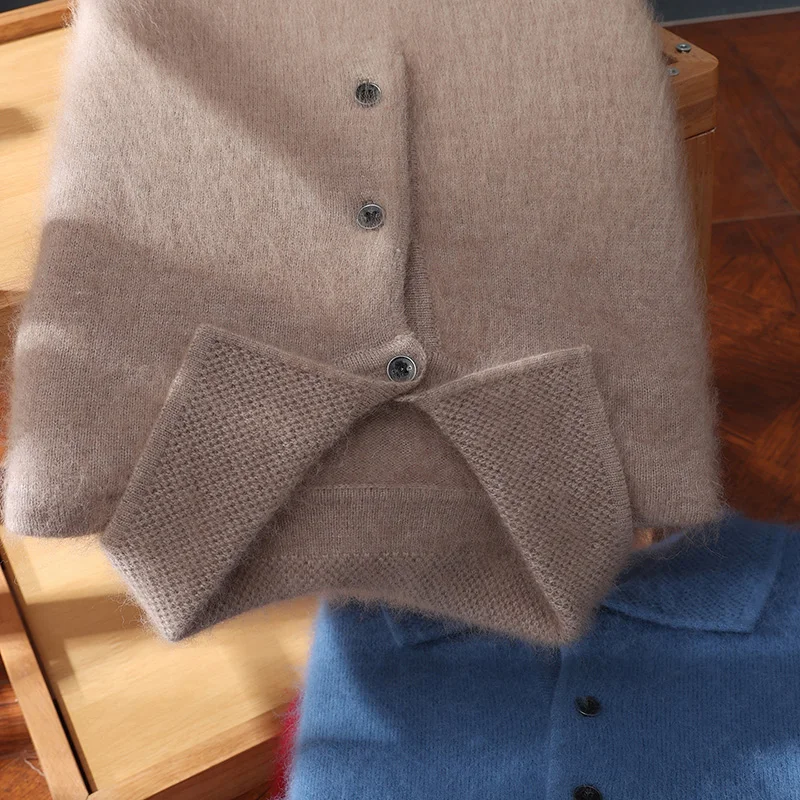 

DjzDsm Men's Autumn Winter Turn-down Collar Knitted Top 100% Mink Cashmere POLO Sweater Warm Cozy Luxury Knitwear for Gentlemen