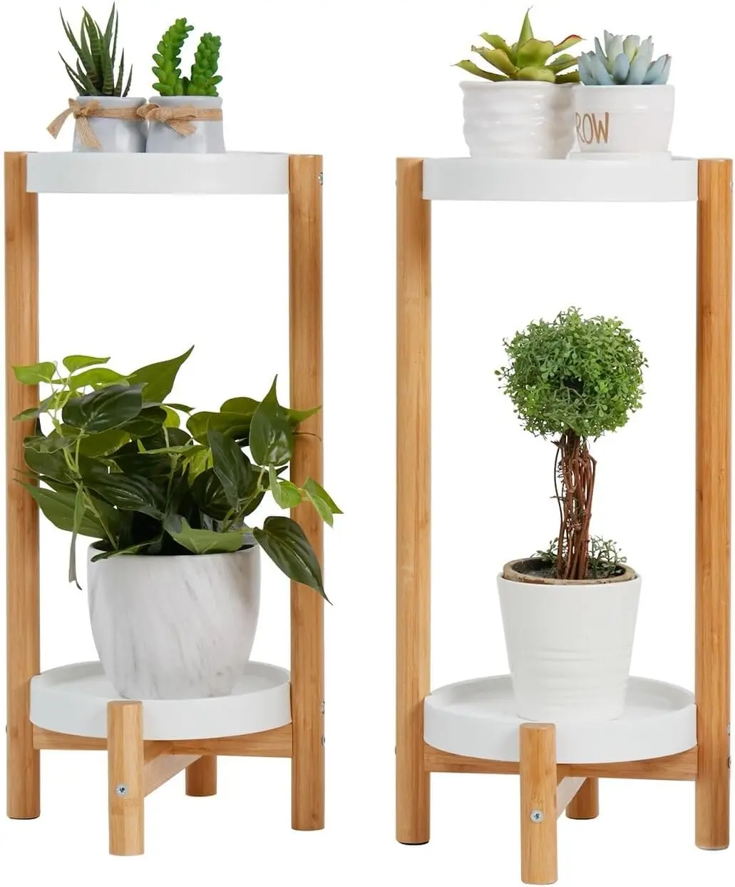 2-tier Bamboo Plant Stand Flower Pot White Shelves Pack Of 2 Brown Modern Contemporary Round Wood