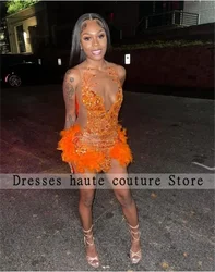 Sexy Orange Crystals Rhinestones Short Prom Dress Black Girls 2024 Beaded Feathers Mini Cocktail Dresses Homecoming Dress