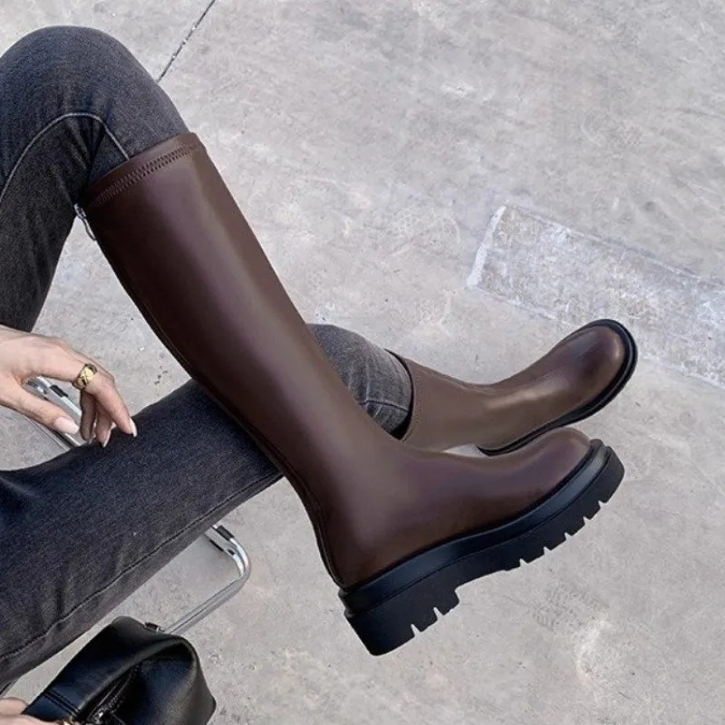 Herbst/Winter Neue Stiefeletten Damen Koreanischer Stil Leder Rundzehenstiefel Halbhohe Stiefel mit Dickem Absatz Hohe Kavallerie-Stiefel – Detail 12