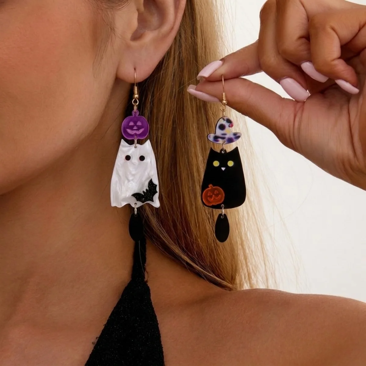 Acrylic Black White Cat Pumpkin Bat Witch Hat Asymmetric Earrings For Women Gothic Flower Ghost Drop Earring Halloween Jewelry