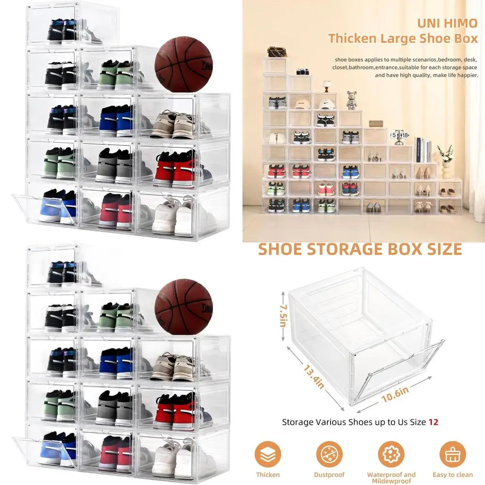 

Stackable Clear Plastic Shoe Organizer Boxes with Magnetic Closure, 12 Pack, 13.5 x 10.5 x 7.4