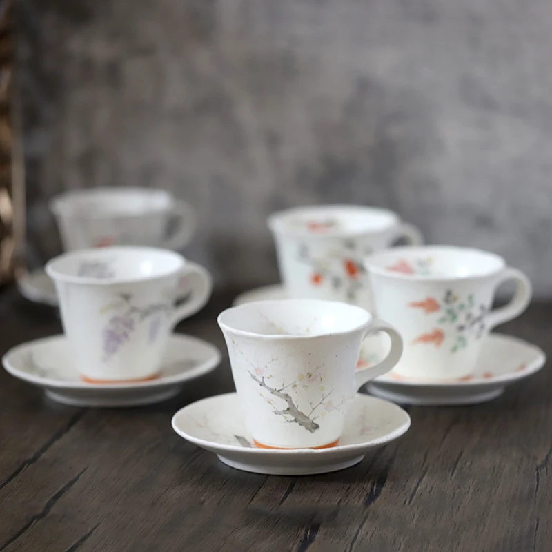 

Ceramic Coffee Cup Set of 5 with Saucers Chinese Traditional Painting Small Work Ceramic Tableware Handmade Crafted Tea Cup