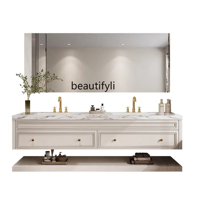 

French light luxury oak bathroom cabinet combination retro rock slab hot bending integrated basin washstand