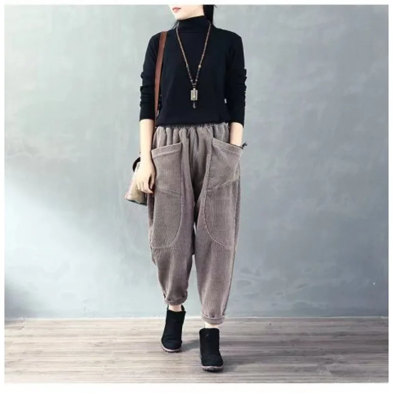 Women Baggy Pants Winter Velvet Versatile Casual Solid Color Elastic Waist Loose Corduroy Pants Women Thick Cargo Harem Trousers