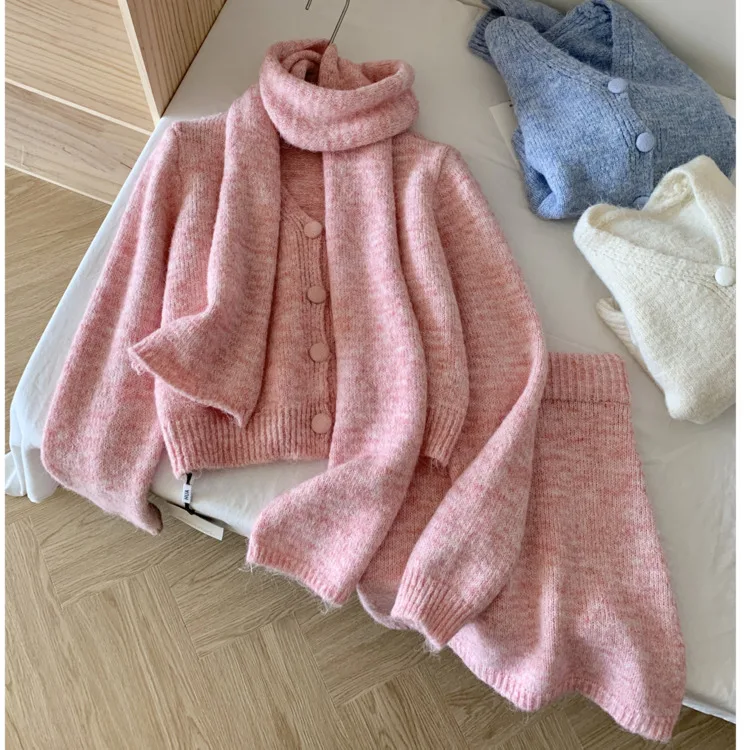 Fall Winter Sweet Soft Knitted Two Pieces Sets For Woman Outfits Korean Casual V Neck Single Breasted Cardigan+bodycon Skirt Set