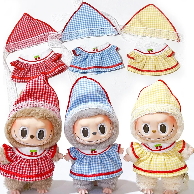 라부부 15cm 17cm 인형용 의류 1세대부터 3세대까지 귀여운 체리 체크 스커트와 헤드스카프 세트 의류 액세서리