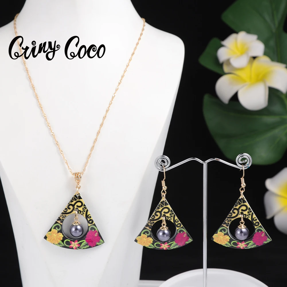 Cring Coco Hawaiian Polynesian Acrylic Pearl Jewelry Sets Samoan Tribal Pohnpei Triangle Pendant Necklace Earrings Set For Women