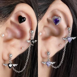 Angel Heart Wing Stud Earrings Pendant Tassel One-piece Earring Helix Double Piercing Earring Chain Cartilage Dangle Earrings