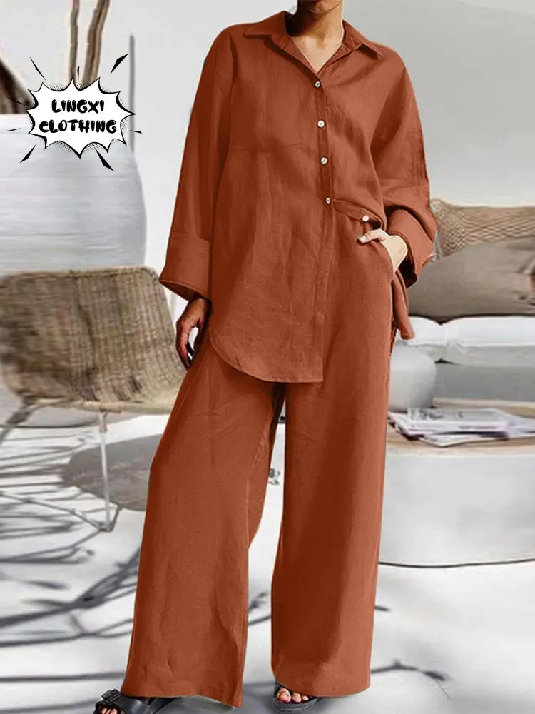 

2023 Summer New Fashion Pants Set Large Size 9/4 Sleeve Cotton Linen Shirt Loose Sport Linen High Waist Pants Two Piece Set