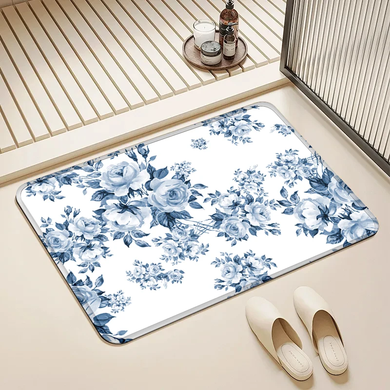 

Blue White Rose Doormat Non-Slip Floor Mat Home Entrance Door Rug Watercolor Floral Decor Kitchen Bathroom Supplies