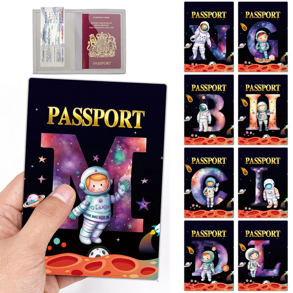 Passport Holder Travel Wallet Leather Passport Cover Cards Travel Wallet Document Organizer Case Astronaut Letter Name Pattern