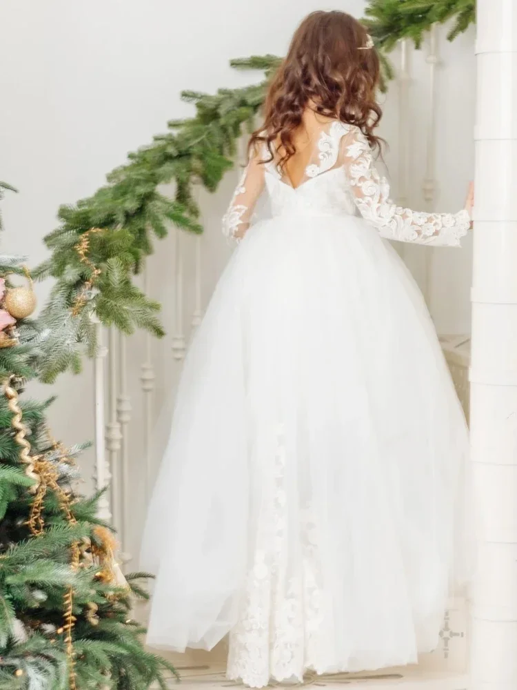 White Lace Appliques Long Sleeve For Wedding Birthday Prom Banquet Holy Communion Gowns Customized Flower Girl Dresses