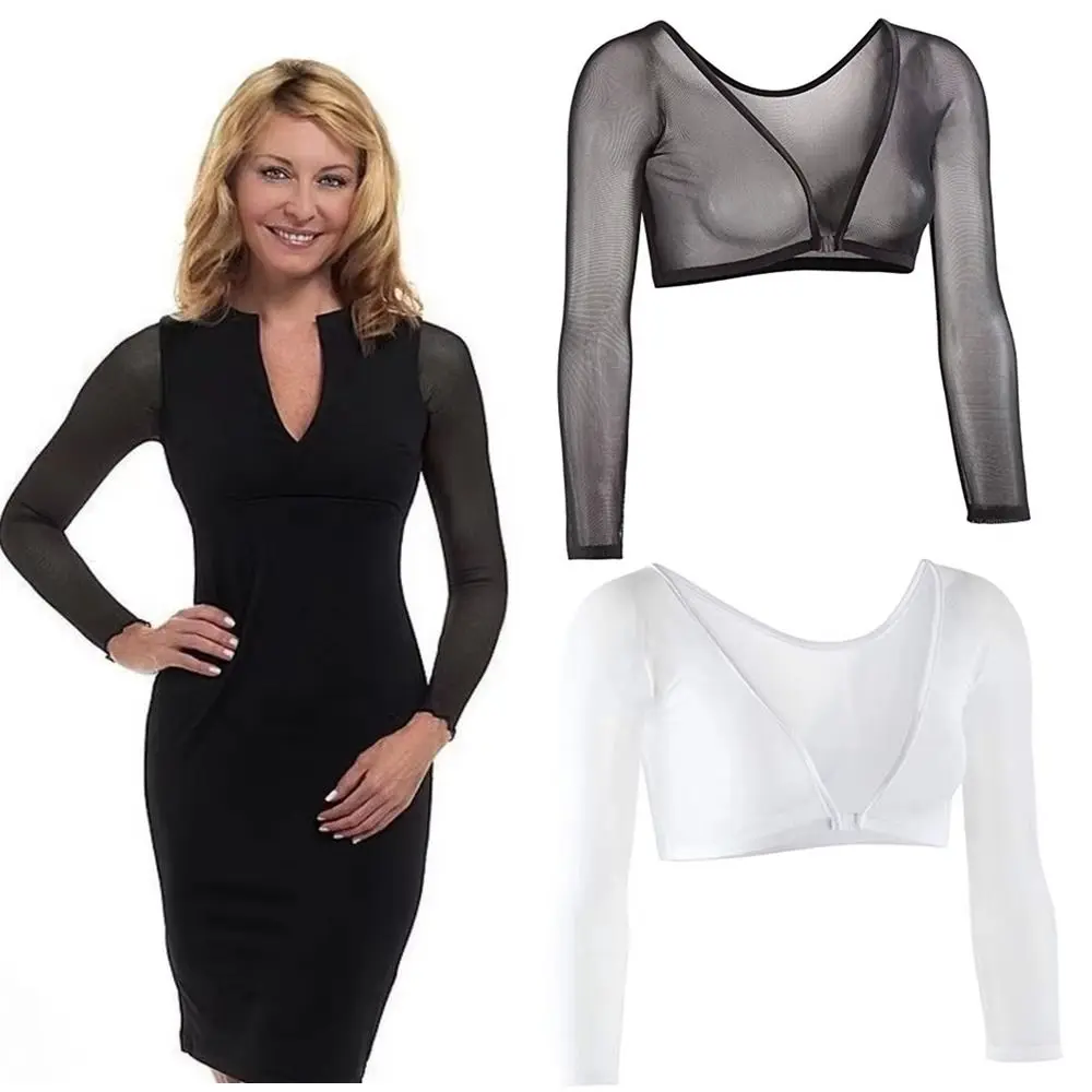 Stylish Long Sleeve Undershirt Both Side Wear Black White Seamless Arm Shirt Front Button Mesh Top Blouses Women Girls image 4
