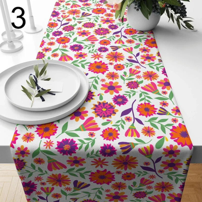 Camino de Mesa Floral Mexicano, Mantel de Flores Silvestres para Decoración de Fiestas, Cinco de Mayo, Día de Muertos, Algodón, 14x84 Pulgadas