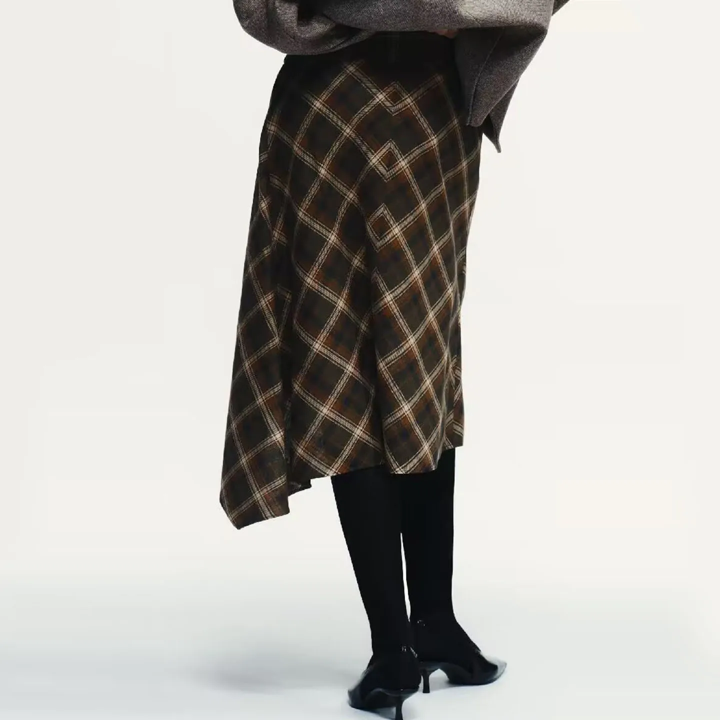 Gonna scozzese casual da donna a vita media Orlo asimmetrico Versatile gonna a trapezio di marca Faion Z autunno inverno